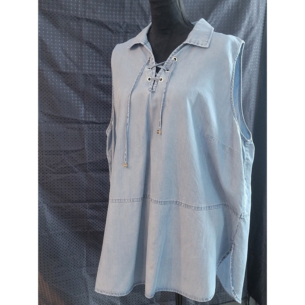 Jones New York Signature Womens 3X Blue Denim Chambray Lace Up Sleeveless Tunic